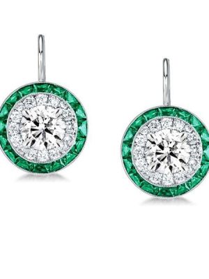 Sterling Silver Halo Created Emerald and White Drop Earrings for Women