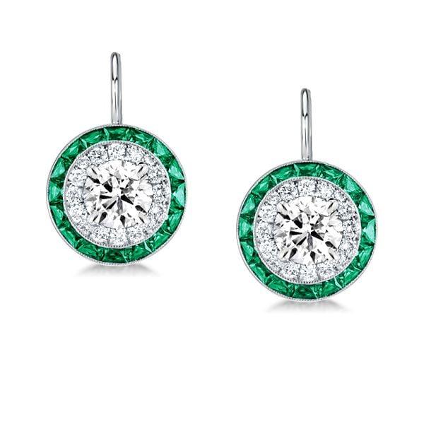 Sterling Silver Halo Created Emerald and White Drop Earrings for Women