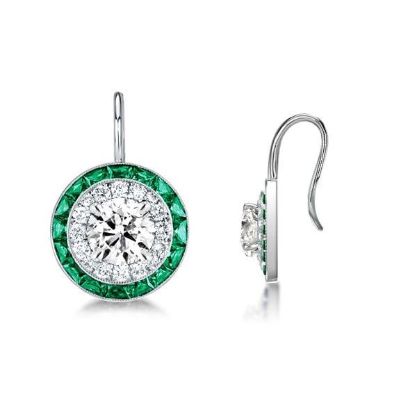 Sterling Silver Halo Created Emerald and White Drop Earrings for Women