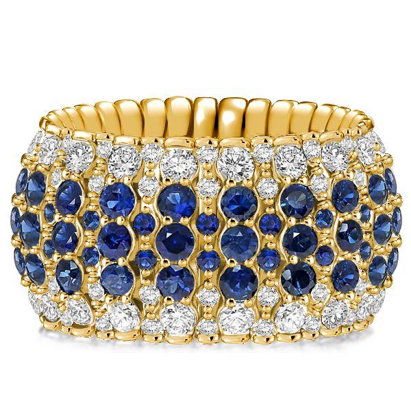 Golden Multi-Row Blue Sapphire Eternity Band - 18K Gold Plated Sterling Silver Wedding Ring