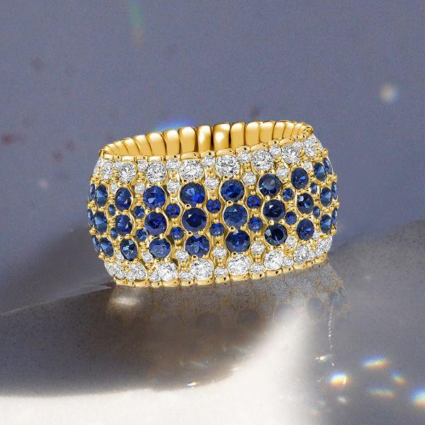 Golden Multi-Row Blue Sapphire Eternity Band - 18K Gold Plated Sterling Silver Wedding Ring