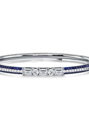 Emerald Cut Blue Sapphire Bangle Bracelet in Sterling Silver for Women