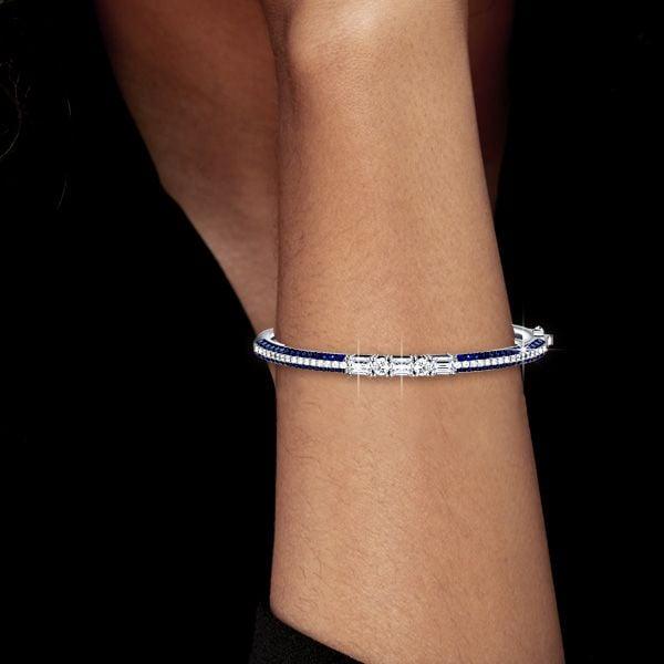 Emerald Cut Blue Sapphire Bangle Bracelet in Sterling Silver for Women