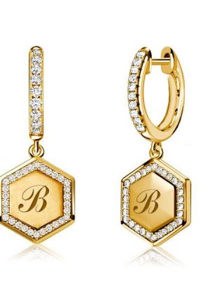 Personalized Hexagon Initial Hoop Earrings - 925 Sterling Silver Drop Earrings