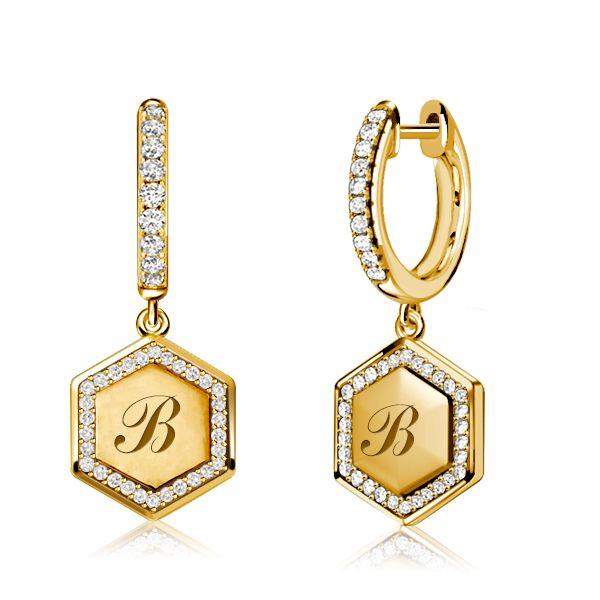 Personalized Hexagon Initial Hoop Earrings - 925 Sterling Silver Drop Earrings