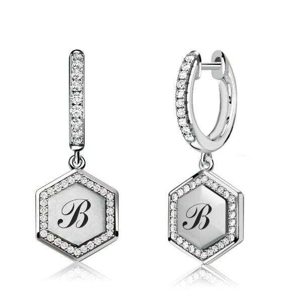 Personalized Hexagon Initial Hoop Earrings - 925 Sterling Silver Drop Earrings