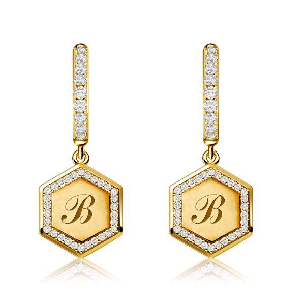 Personalized Hexagon Initial Hoop Earrings - 925 Sterling Silver Drop Earrings