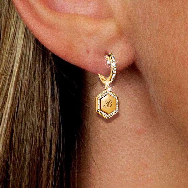 Personalized Hexagon Initial Hoop Earrings - 925 Sterling Silver Drop Earrings