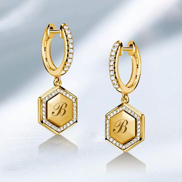 Personalized Hexagon Initial Hoop Earrings - 925 Sterling Silver Drop Earrings