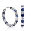 Classic Round Cut Blue Sapphire Hoop Earrings in Rhodium Plated Sterling Silver