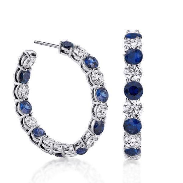 Classic Round Cut Blue Sapphire Hoop Earrings in Rhodium Plated Sterling Silver