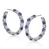 Classic Round Cut Blue Sapphire Hoop Earrings in Rhodium Plated Sterling Silver