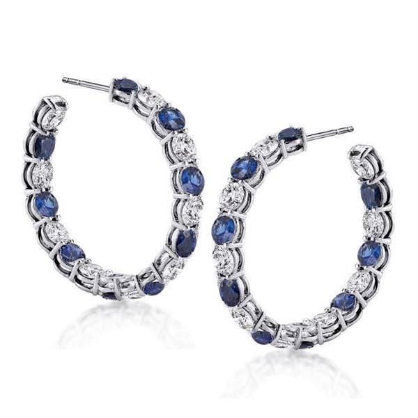 Classic Round Cut Blue Sapphire Hoop Earrings in Rhodium Plated Sterling Silver