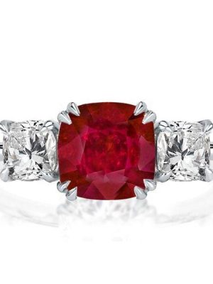 Three Stone Cushion Cut Ruby Engagement Ring in Rhodium-Plated Sterling Silver