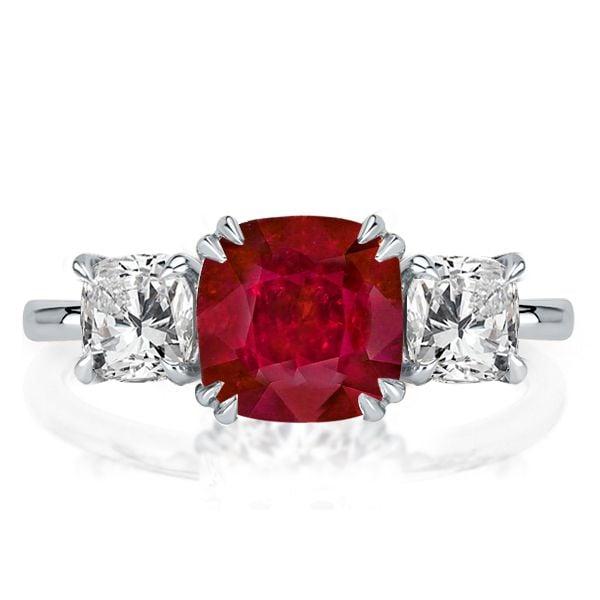 Three Stone Cushion Cut Ruby Engagement Ring in Rhodium-Plated Sterling Silver