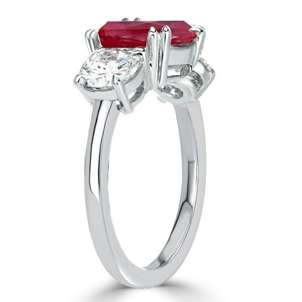 Three Stone Cushion Cut Ruby Engagement Ring in Rhodium-Plated Sterling Silver