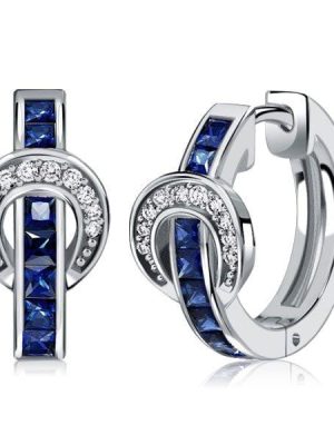 1.09 CT. TW. Princess Cut Blue Buckle Silver Hoop Earrings, Sterling Silver, Rhodium Plated
