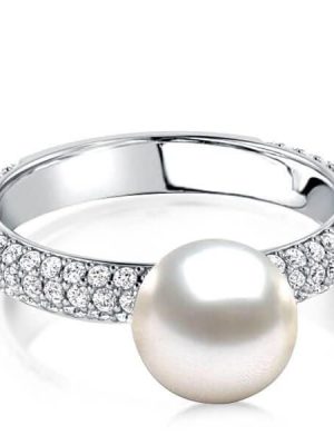 Elegant Sterling Silver Pearl Wedding Ring with Rhodium Finish