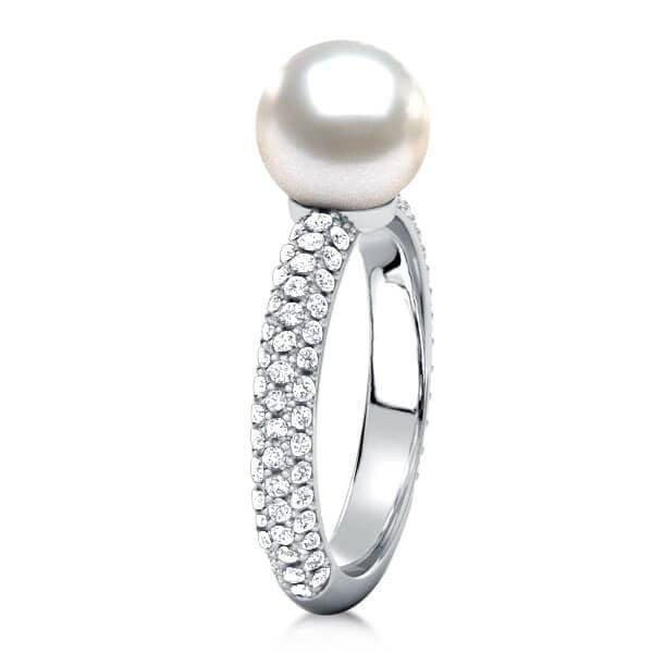 Elegant Sterling Silver Pearl Wedding Ring with Rhodium Finish