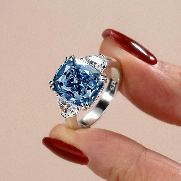Blue Topaz Engagement Ring - 925 Sterling Silver 3 Stone Cushion Cut