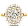 Halo Oval East West Engagement Ring with Simulated Pearl - 18K Gold Plated Sterling Silver