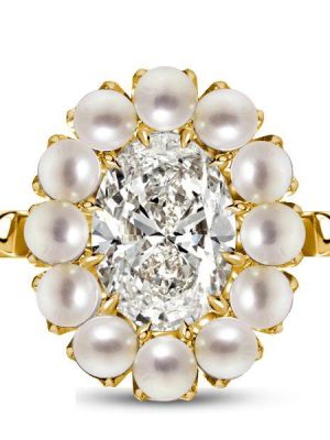 Halo Oval East West Engagement Ring with Simulated Pearl - 18K Gold Plated Sterling Silver