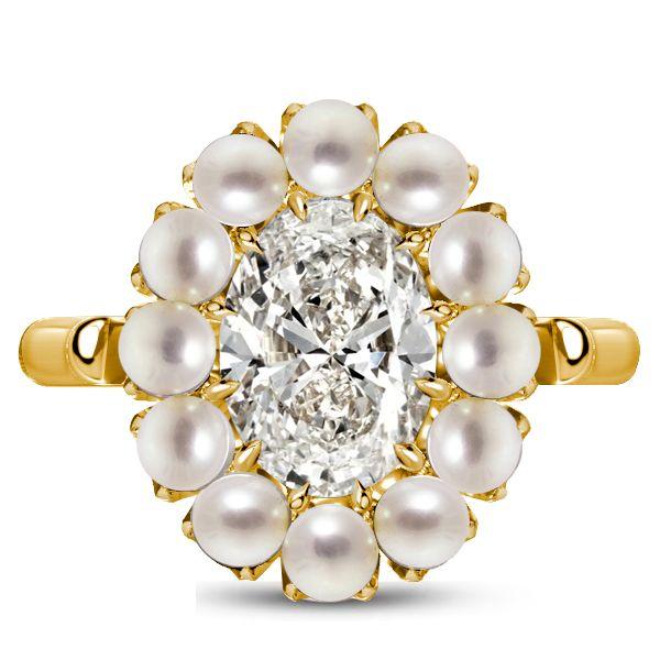 Halo Oval East West Engagement Ring with Simulated Pearl - 18K Gold Plated Sterling Silver