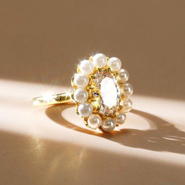 Halo Oval East West Engagement Ring with Simulated Pearl - 18K Gold Plated Sterling Silver