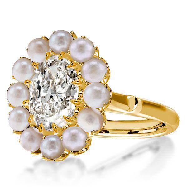 Halo Oval East West Engagement Ring with Simulated Pearl - 18K Gold Plated Sterling Silver