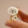 Halo Oval East West Engagement Ring with Simulated Pearl - 18K Gold Plated Sterling Silver