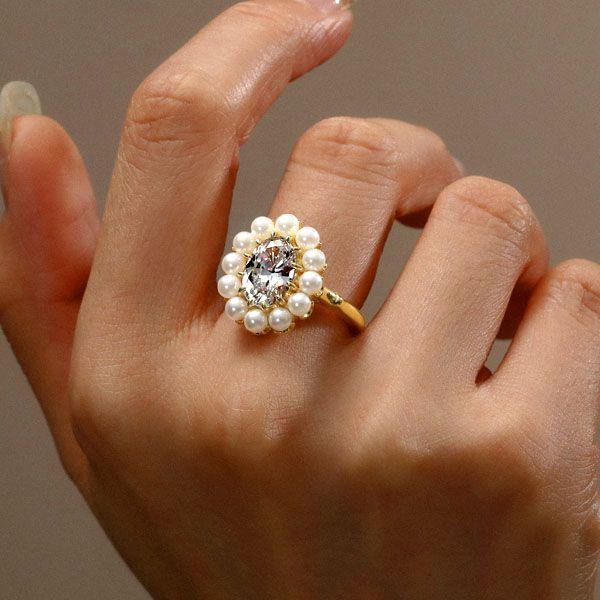Halo Oval East West Engagement Ring with Simulated Pearl - 18K Gold Plated Sterling Silver