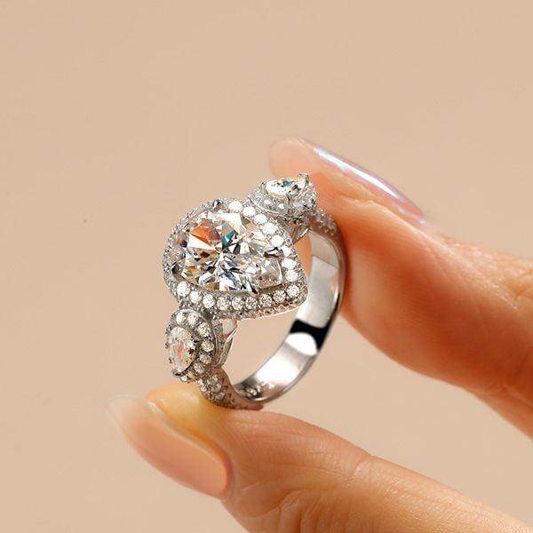 Three Stone Pear Cut Engagement Ring in Sterling Silver with 3.00 CT. Center Stone