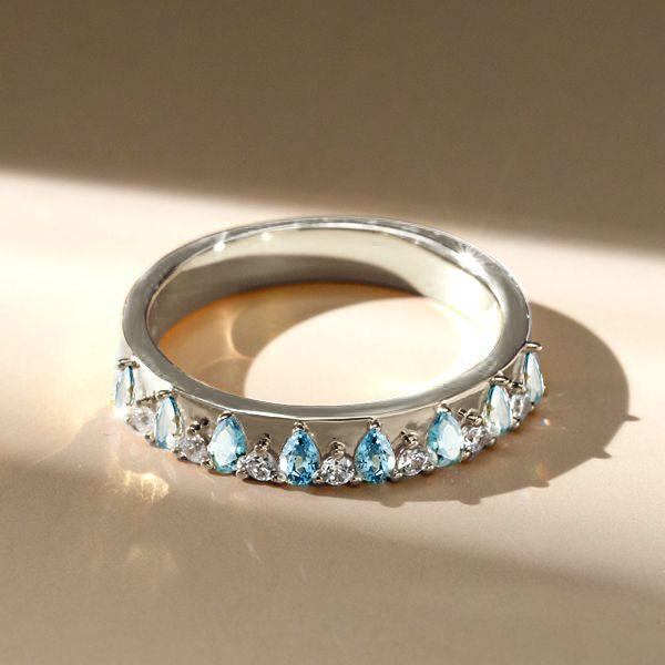 Pear Aquamarine Ring, Half Eternity Sterling Silver Band