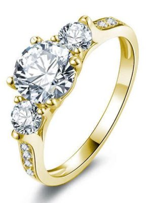 Golden Three Stone Engagement Ring - 18K Gold Plated Sterling Silver