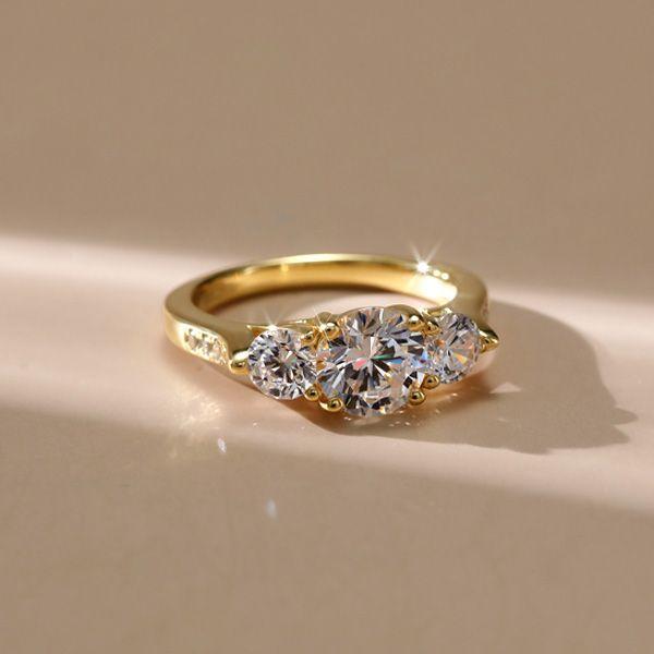 Golden Three Stone Engagement Ring - 18K Gold Plated Sterling Silver
