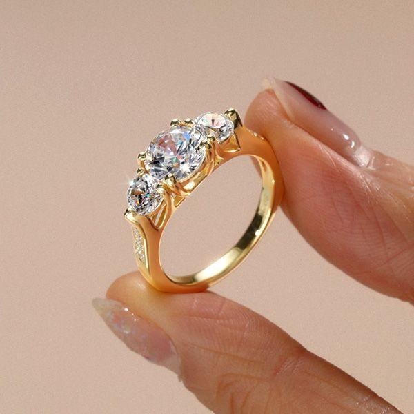 Golden Three Stone Engagement Ring - 18K Gold Plated Sterling Silver