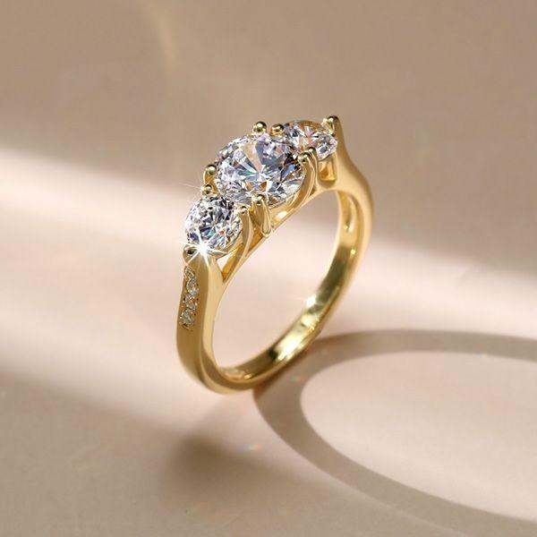 Golden Three Stone Engagement Ring - 18K Gold Plated Sterling Silver