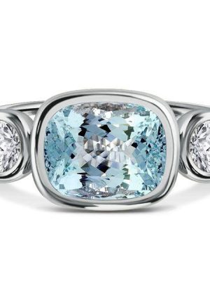 Aquamarine & Sterling Silver Cushion Cut 3-Stone Engagement Ring