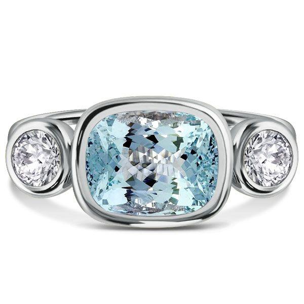 Aquamarine & Sterling Silver Cushion Cut 3-Stone Engagement Ring