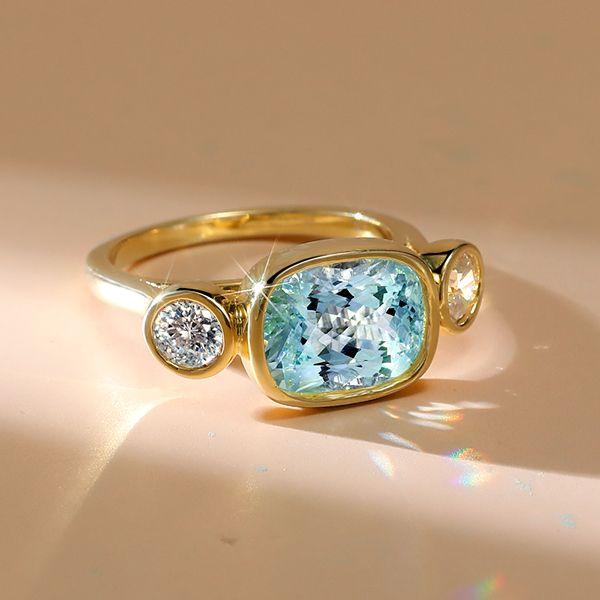 Aquamarine & Sterling Silver Cushion Cut 3-Stone Engagement Ring