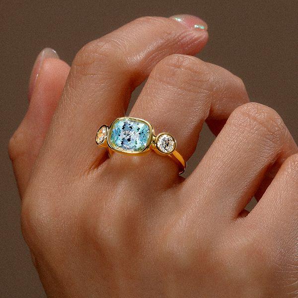 Aquamarine & Sterling Silver Cushion Cut 3-Stone Engagement Ring