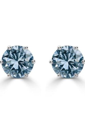 Round Cut Blue Sapphire Stud Earrings for Women in Rhodium Plated Sterling Silver