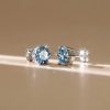 Round Cut Blue Sapphire Stud Earrings for Women in Rhodium Plated Sterling Silver