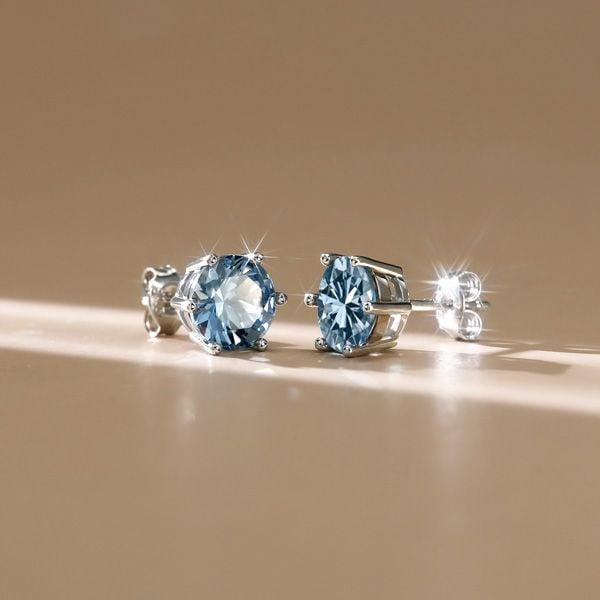 Round Cut Blue Sapphire Stud Earrings for Women in Rhodium Plated Sterling Silver
