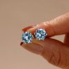 Round Cut Blue Sapphire Stud Earrings for Women in Rhodium Plated Sterling Silver