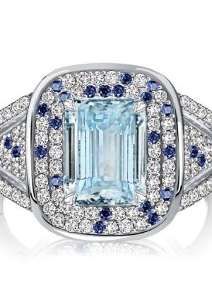 Micro Pave Emerald Cut Aquamarine Cocktail Ring in Rhodium Plated 925 Sterling Silver