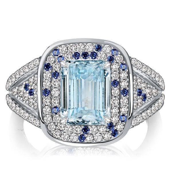 Micro Pave Emerald Cut Aquamarine Cocktail Ring in Rhodium Plated 925 Sterling Silver