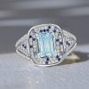 Micro Pave Emerald Cut Aquamarine Cocktail Ring in Rhodium Plated 925 Sterling Silver