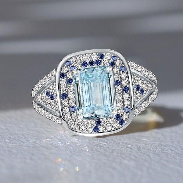 Micro Pave Emerald Cut Aquamarine Cocktail Ring in Rhodium Plated 925 Sterling Silver