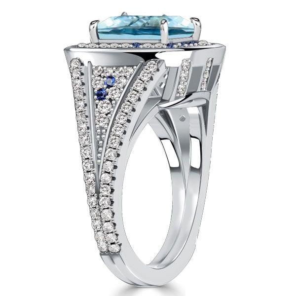 Micro Pave Emerald Cut Aquamarine Cocktail Ring in Rhodium Plated 925 Sterling Silver